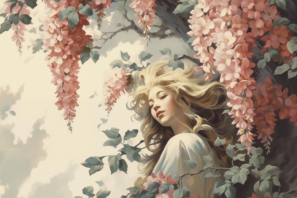 Femme dans un arbre avec des fleurs Femme dans un arbre avec des fleurs