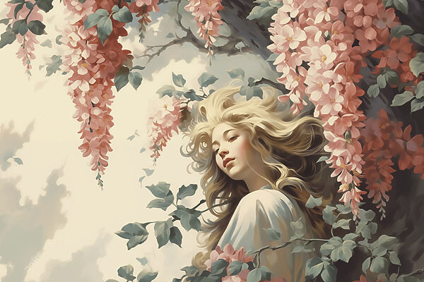 Femme dans un arbre avec des fleurs Femme dans un arbre avec des fleurs