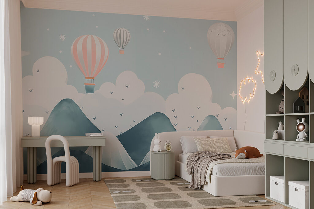 Hot air balloons flying over mountains