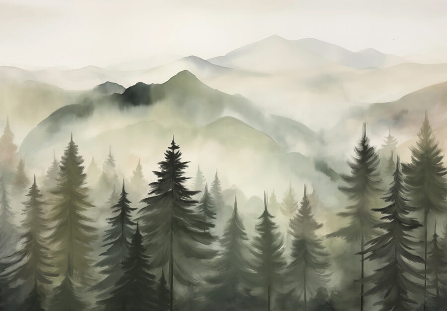 Chaîne de montagnes brumeuses avec des arbres Chaîne de montagnes brumeuses avec des arbres