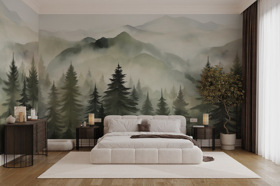 Chaîne de montagnes brumeuses avec des arbres Chaîne de montagnes brumeuses avec des arbres