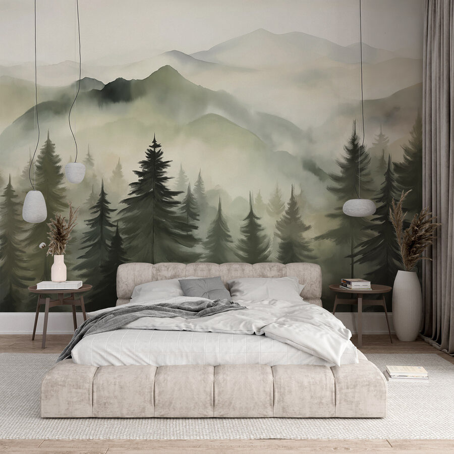 Chaîne de montagnes brumeuses avec des arbres Chaîne de montagnes brumeuses avec des arbres