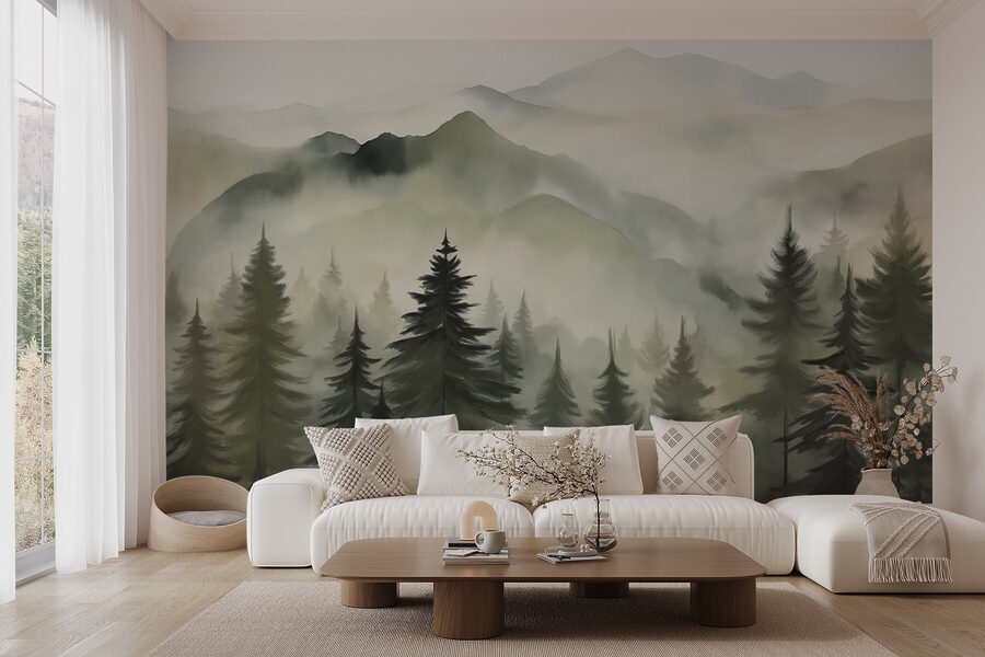 Chaîne de montagnes brumeuses avec des arbres Chaîne de montagnes brumeuses avec des arbres