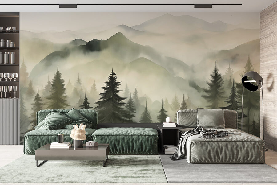 Chaîne de montagnes brumeuses avec des arbres Chaîne de montagnes brumeuses avec des arbres