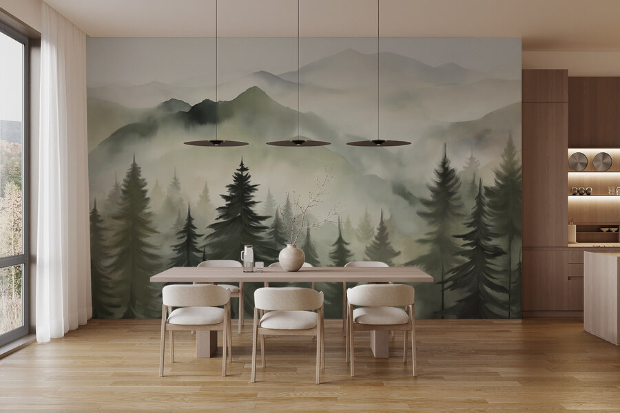 Chaîne de montagnes brumeuses avec des arbres Chaîne de montagnes brumeuses avec des arbres