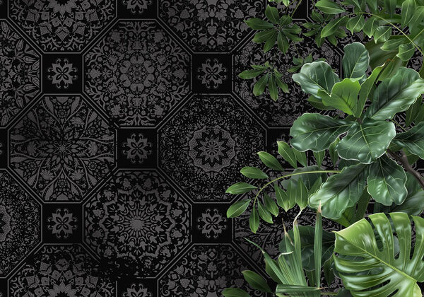 Papier peint noir et gris avec des feuilles vertes Papier peint noir et gris avec des feuilles vertes