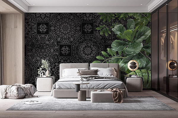 Papier peint noir et gris avec des feuilles vertes Papier peint noir et gris avec des feuilles vertes