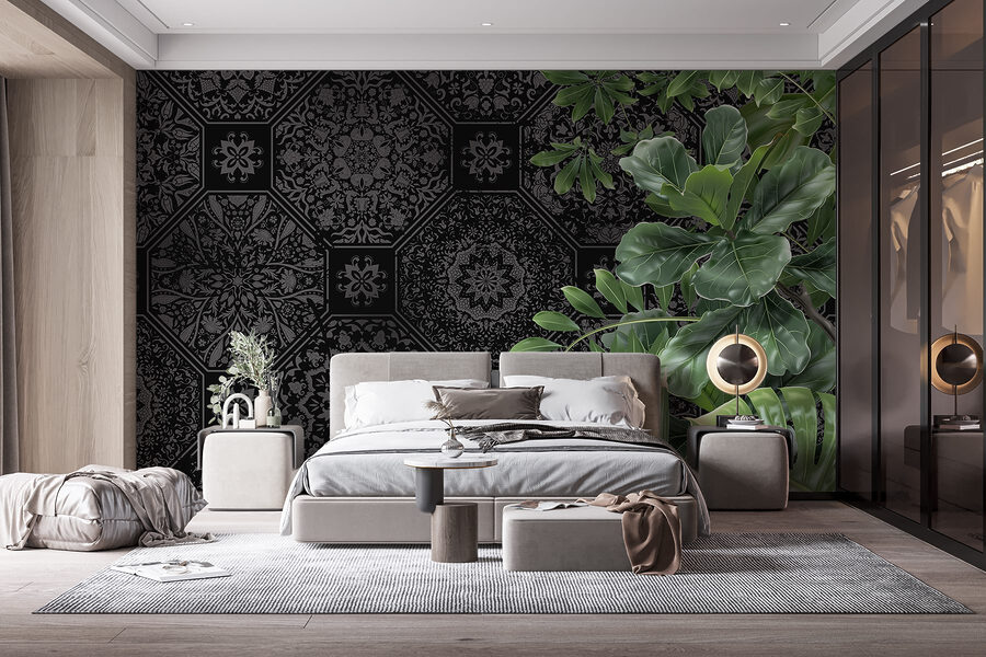 Papier peint noir et gris avec des feuilles vertes Papier peint noir et gris avec des feuilles vertes