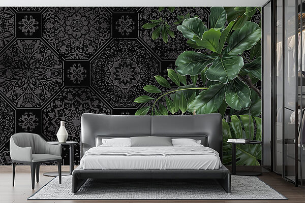 Papier peint noir et gris avec des feuilles vertes Papier peint noir et gris avec des feuilles vertes