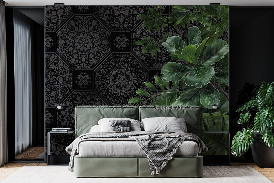 Papier peint noir et gris avec des feuilles vertes Papier peint noir et gris avec des feuilles vertes