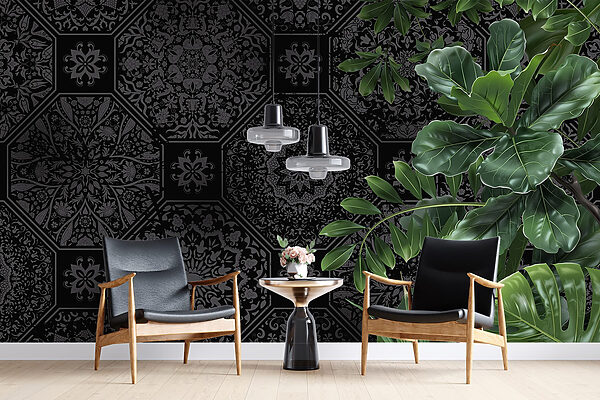 Papier peint noir et gris avec des feuilles vertes Papier peint noir et gris avec des feuilles vertes