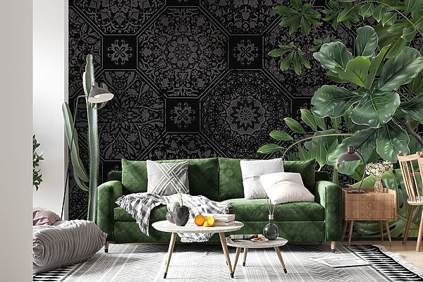 Papier peint noir et gris avec des feuilles vertes Papier peint noir et gris avec des feuilles vertes