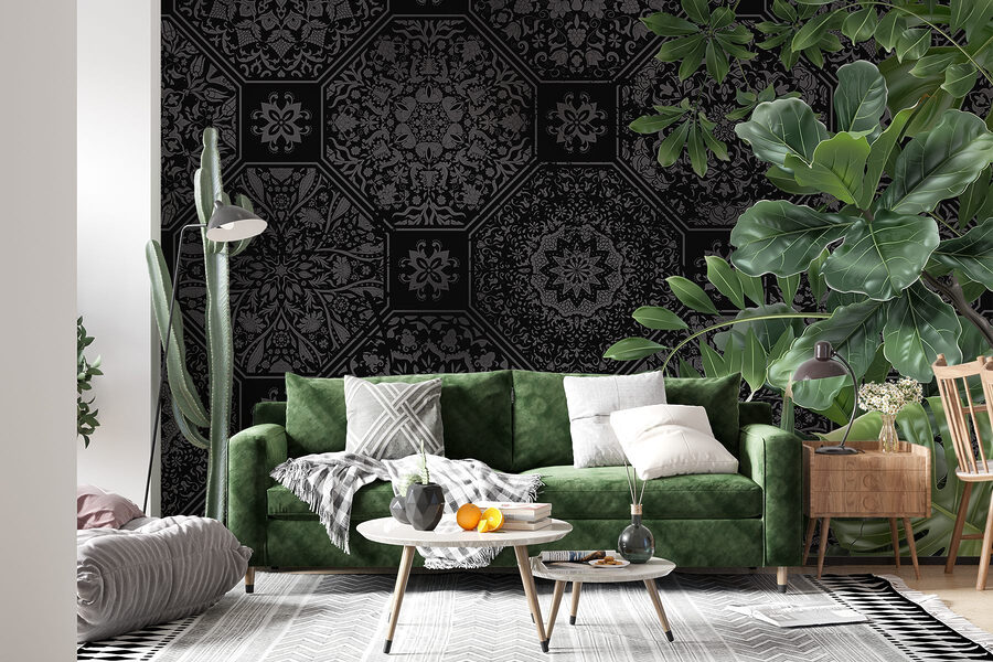 Papier peint noir et gris avec des feuilles vertes Papier peint noir et gris avec des feuilles vertes