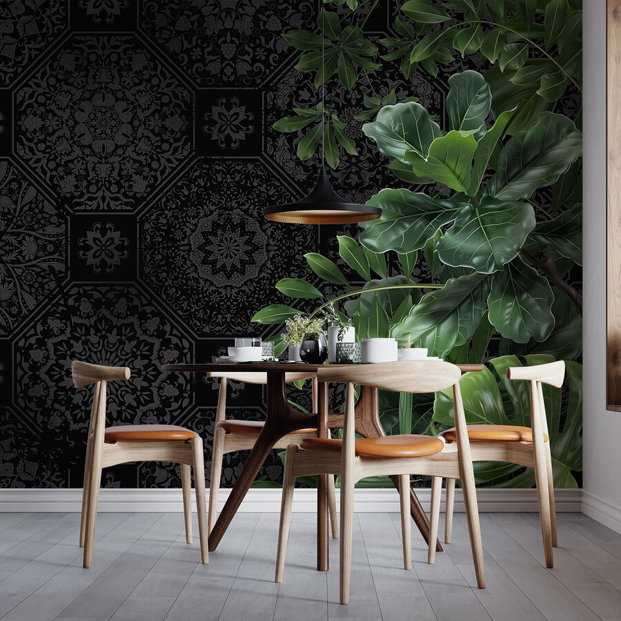 Papier peint noir et gris avec des feuilles vertes Papier peint noir et gris avec des feuilles vertes