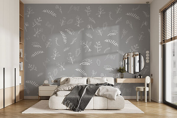 Fond gris avec des fleurs et des feuilles blanches Fond gris avec des fleurs et des feuilles blanches