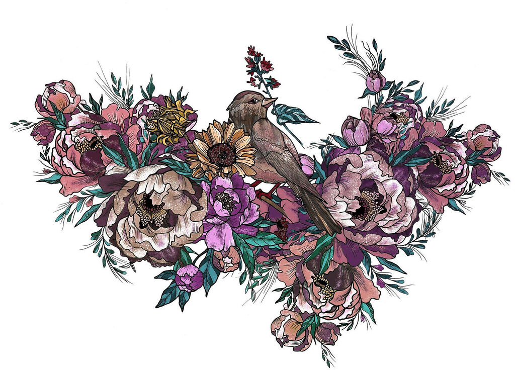 Oiseau assis sur un bouquet de fleurs Oiseau assis sur un bouquet de fleurs