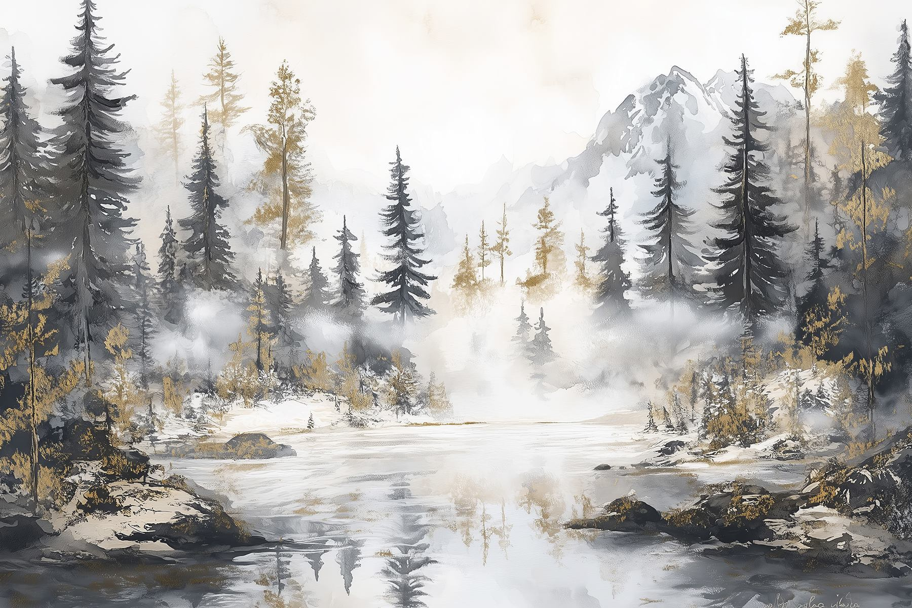 Watercolor painting of a forest and mountains Watercolor painting of a forest and mountains