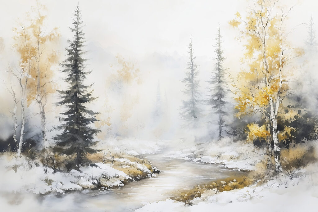 Aquarelle d'une rivière avec des arbres et de la neige Aquarelle d'une rivière avec des arbres et de la neige