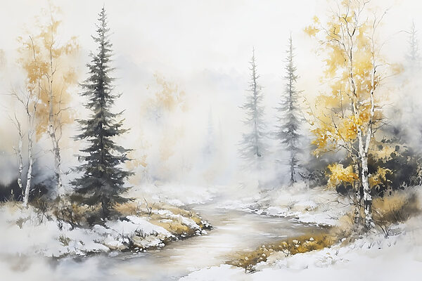 Aquarelle d'une rivière avec des arbres et de la neige Aquarelle d'une rivière avec des arbres et de la neige
