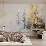 Papier peint Aquarelle d'une rivière avec des arbres et de la neige