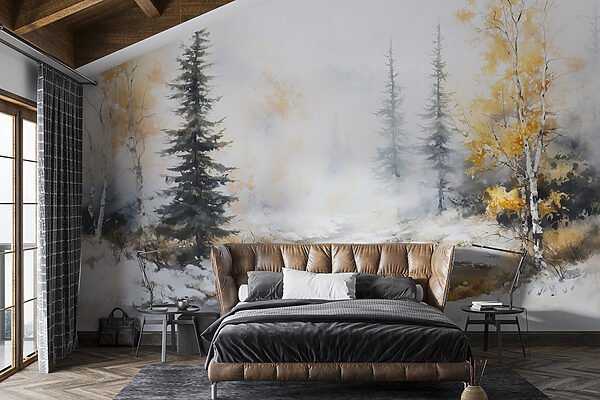 Aquarelle d'une rivière avec des arbres et de la neige Aquarelle d'une rivière avec des arbres et de la neige