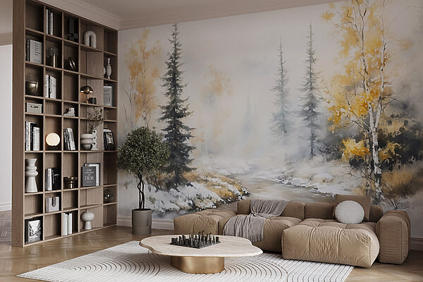 Aquarelle d'une rivière avec des arbres et de la neige Aquarelle d'une rivière avec des arbres et de la neige
