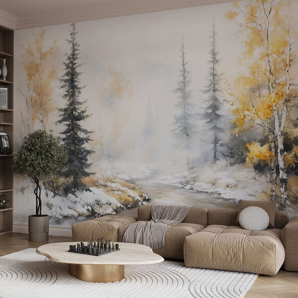 Aquarelle d'une rivière avec des arbres et de la neige Aquarelle d'une rivière avec des arbres et de la neige