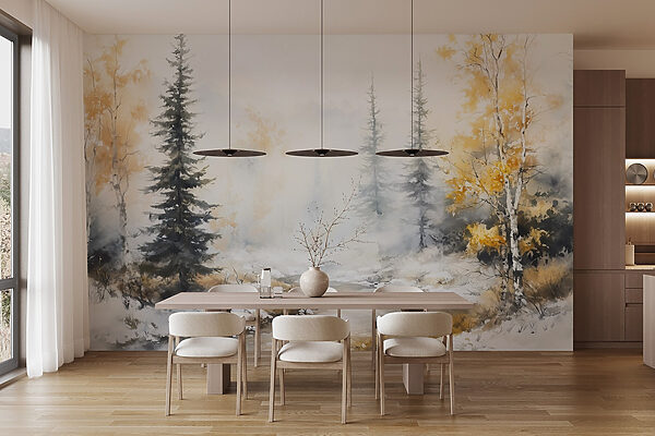 Aquarelle d'une rivière avec des arbres et de la neige Aquarelle d'une rivière avec des arbres et de la neige