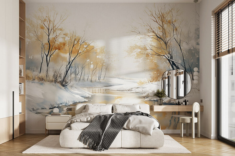 Rivière avec neige et arbres