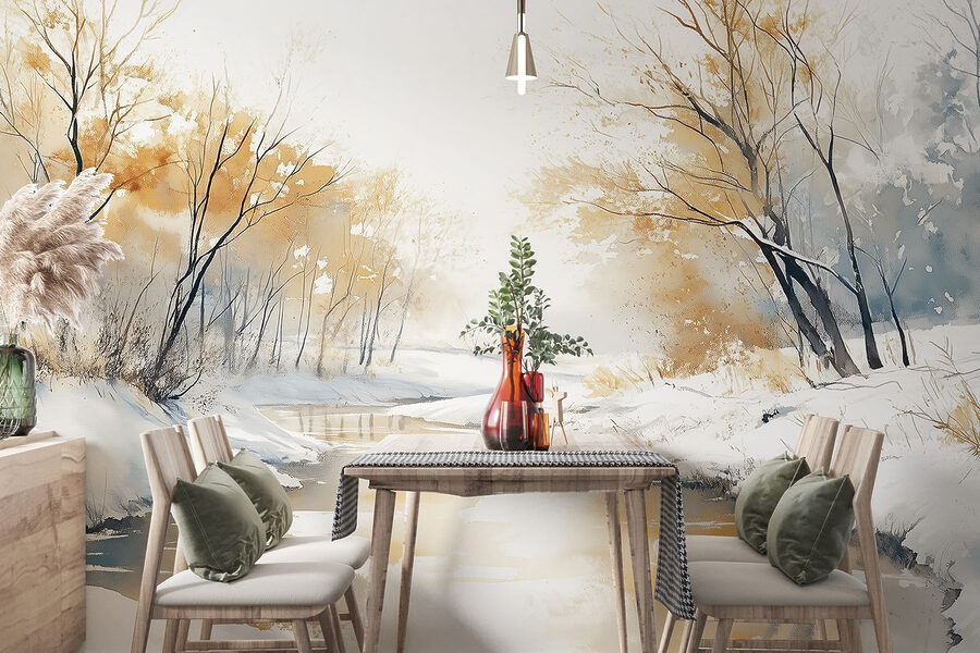 Rivière avec neige et arbres