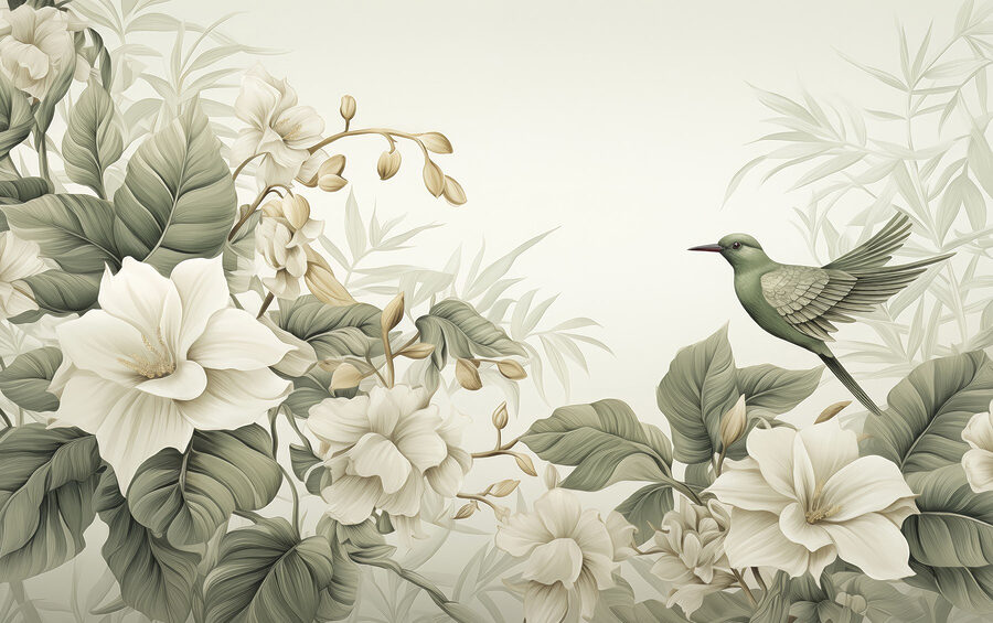 Oiseau sur une branche avec des fleurs