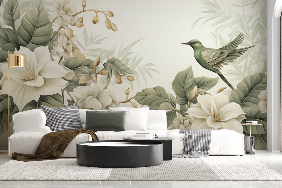 Oiseau sur une branche avec des fleurs