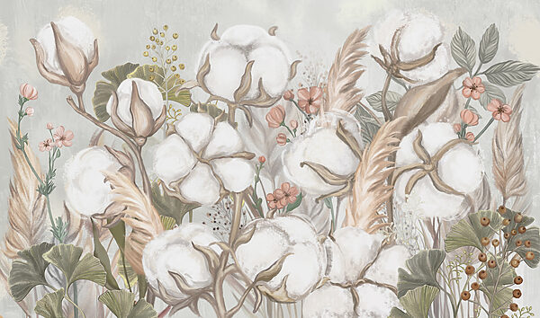Champ de coton floral dans des tons doux Champ de coton floral dans des tons doux