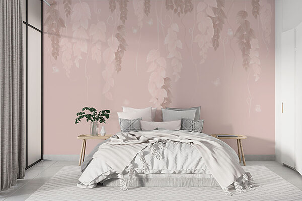 Fond rose et blanc avec des feuilles et des papillons Fond rose et blanc avec des feuilles et des papillons