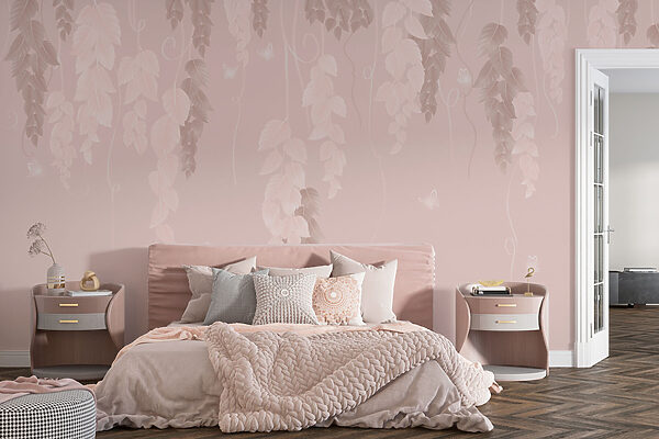 Fond rose et blanc avec des feuilles et des papillons Fond rose et blanc avec des feuilles et des papillons
