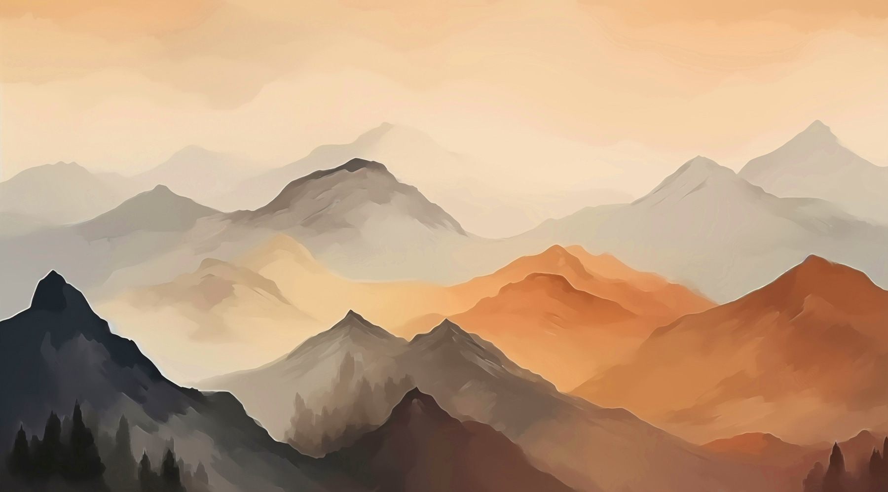 Painting of mountains in the fog Painting of mountains in the fog