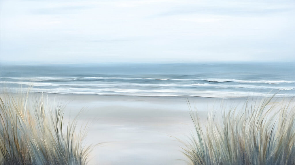 Plage avec herbe et vagues Plage avec herbe et vagues