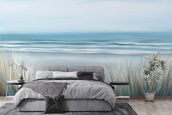 Plage avec herbe et vagues Plage avec herbe et vagues