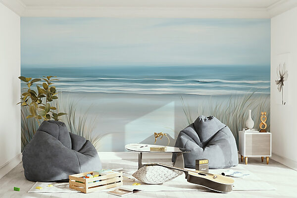 Plage avec herbe et vagues Plage avec herbe et vagues