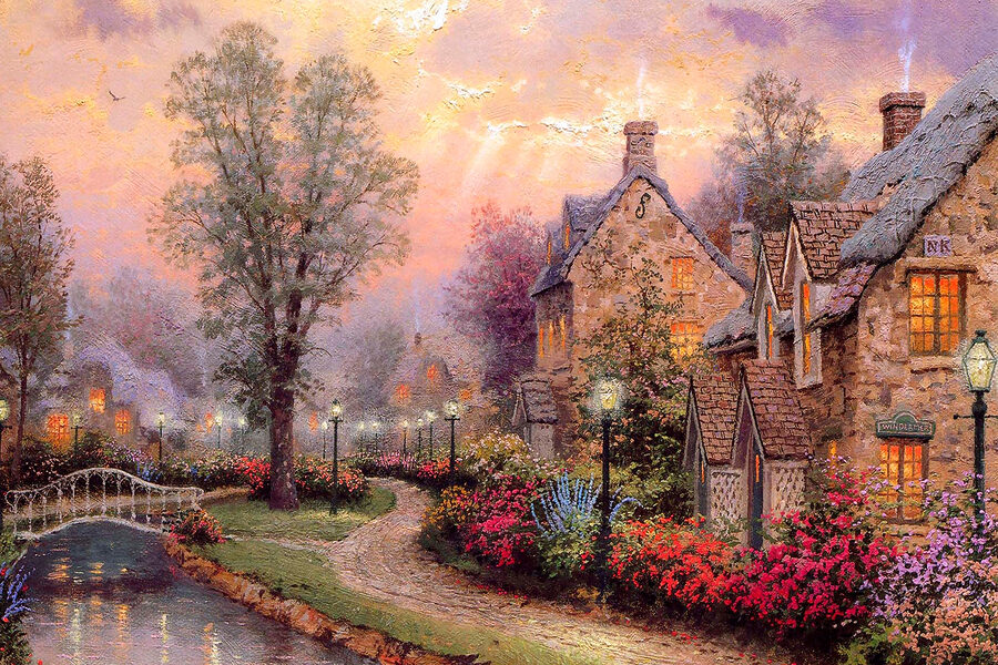 Peinture d'une maison avec des fleurs et un chemin
