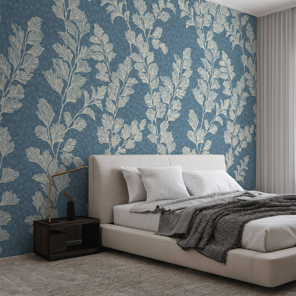 Pattern of white leaves on a blue background