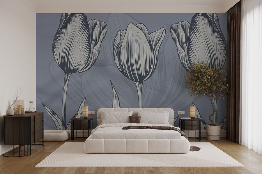 Ligne de fleurs sur fond bleu