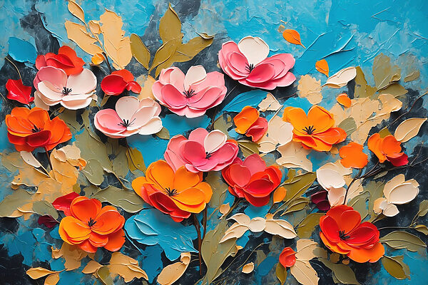 Peinture de fleurs sur une surface bleue Peinture de fleurs sur une surface bleue