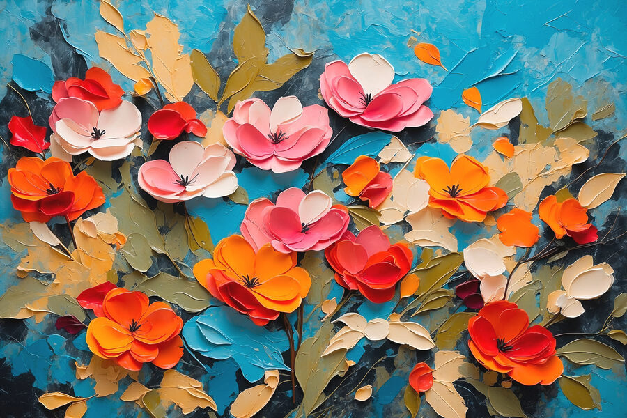 Peinture de fleurs sur une surface bleue