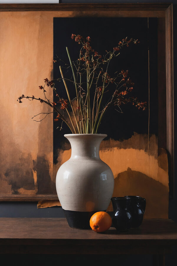 Vase avec fleurs séchées et oranges Vase avec fleurs séchées et oranges