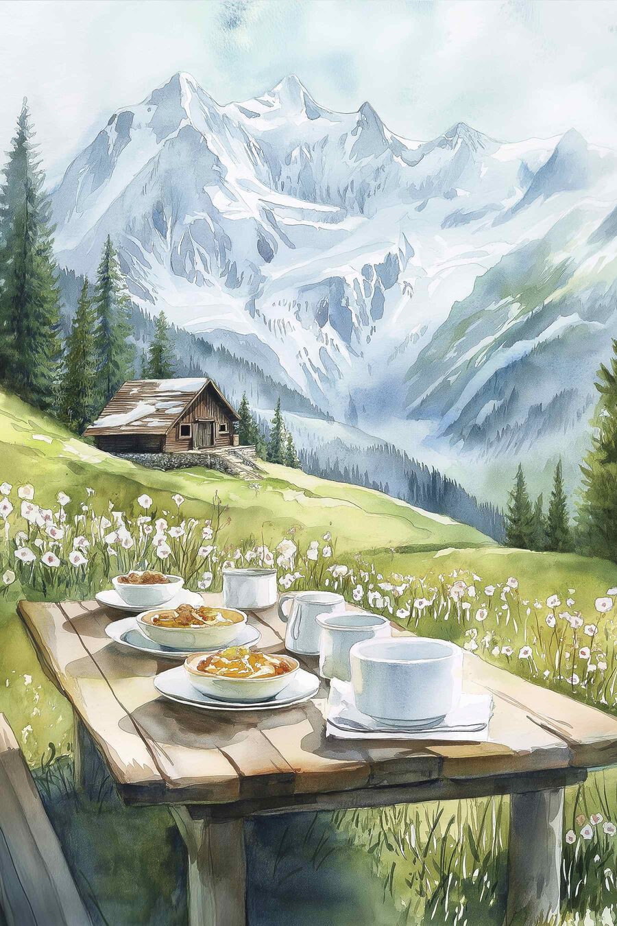 Table avec des assiettes de nourriture et des tasses, avec des montagnes en arrière-plan