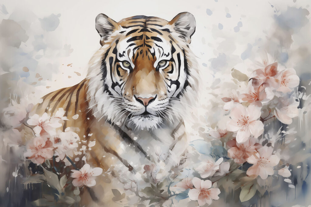 Tigre dans un jardin fleuri Tigre dans un jardin fleuri