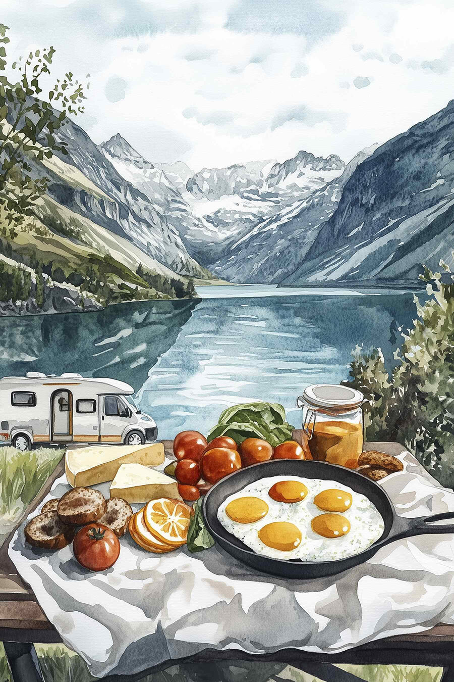Nourriture sur une table au bord d'un lac