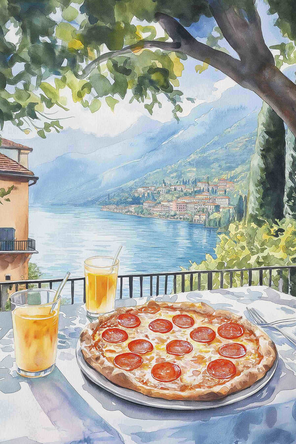 Peinture à l'aquarelle d'une pizza et de boissons sur une table Peinture à l'aquarelle d'une pizza et de boissons sur une table