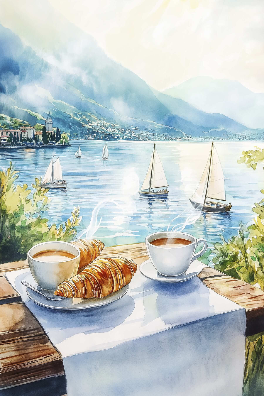 Peinture à l'aquarelle d'une table sur laquelle sont posés du café et des croissants